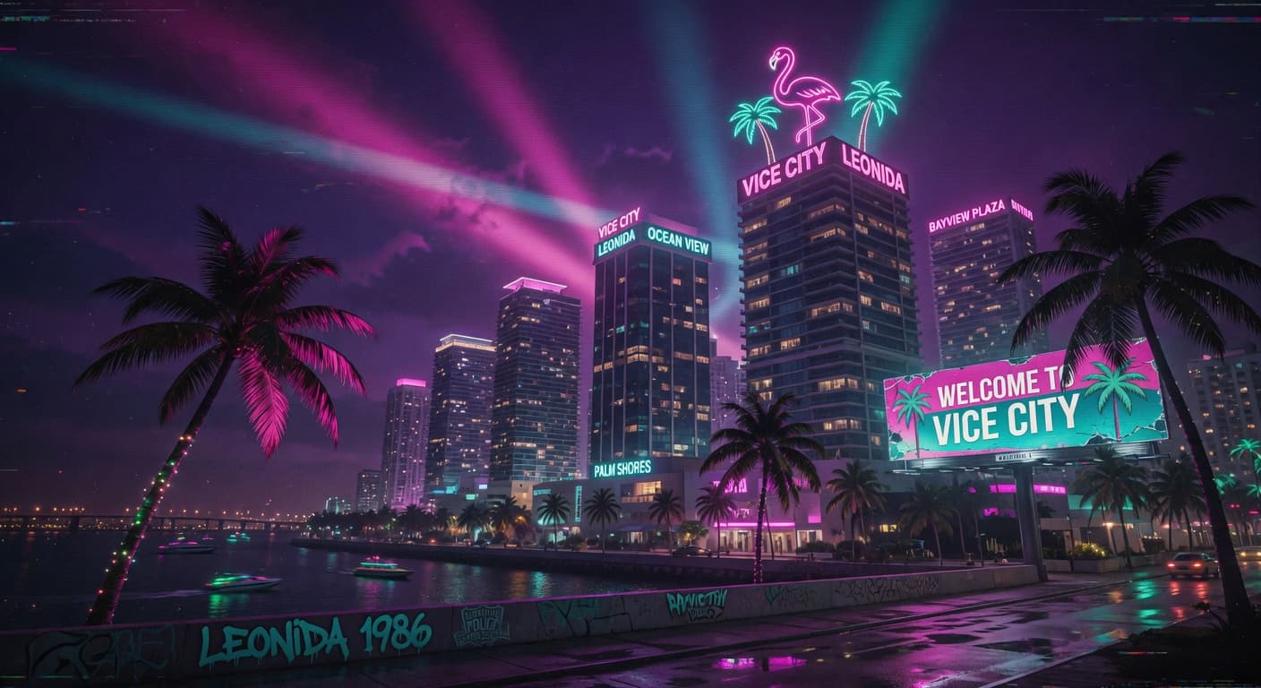 LeonidaHQ GTA 6 Leonida map and intel hub. Neon Vice City skyline.